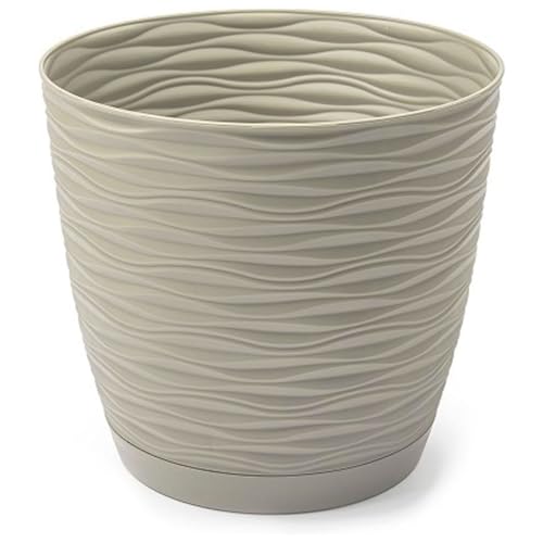 Acan Tradineur - Maceta Redonda con Plato - Diseño Wind (Ø 17 cm) - Fabricado en plástico - Ideal parajardín Exterior, terraza o balcón - Color Beige