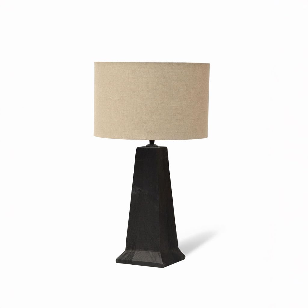 Arthur Cameron - Saltford Wooden Desk Lamp Made from Black-Stained Sandblasted Mango Wood with a Beige Linen Drum Shade (Medium)