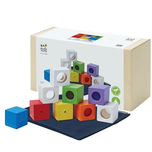 Image of PlanToys® Sensory Activity Blocks for Toddlers – 9-Piece Set with Visual, Auditory & Tactile Stimuli – Montessori Toy with Storage Bag – Wooden Learning Toy for Babies & Kids Ages 12 Months+