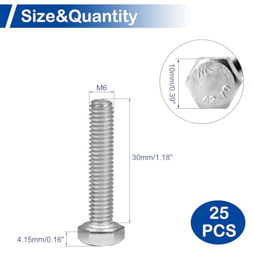 Image of MroMax 25Pcs M6-1 Hex Bolts, M6 x 30mm Hex Head Screws Bolts | 304 Stainless Steel 18-8, Fully Threaded, External Hex Drive, for Electrical Component and Guide Rail
