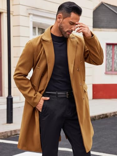 Image of Runcati Mens Trench Coat Notch Lapel Slim Fit Double Breasted Casual Long Business Pea Coat Overcoat