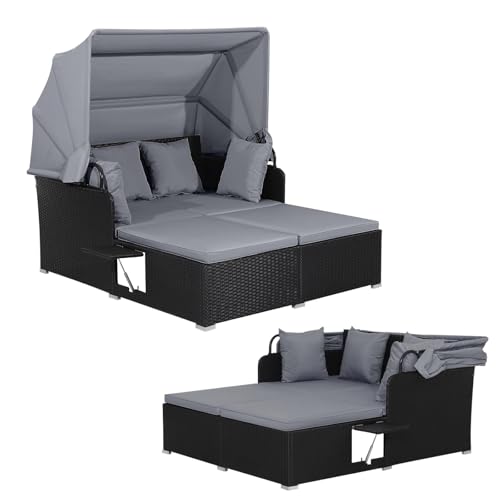 Multigot 2 Seater Rattan Daybed Patio Double Wicker Recliner Sunbed with Retractable Canopy 2 Folding Tables and Cushion Outdoor Chaise Lounger Garden Furniture for Balcony Backyard (Grey)