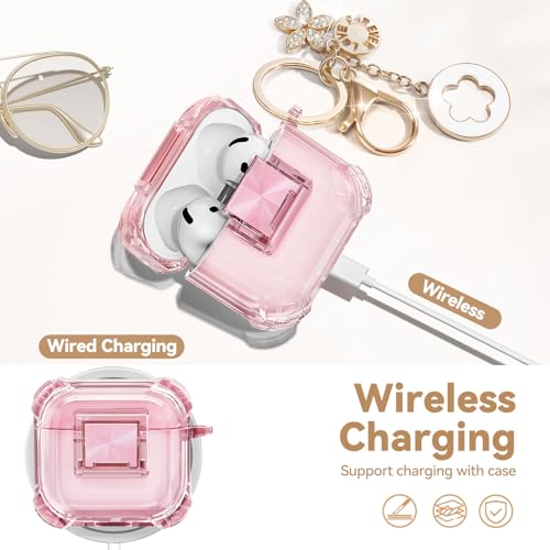 Image of for Airpods 4 Case with Safety Lock,Clear Case Soft TPU Shock-Proof Protective Cover with Cute Bling Keychain and Cleaner kit for Women Girls-Clear Pink
