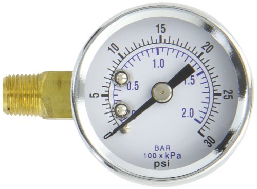PIC Gauges 101D-158C-LEFT Left Side Bottom Mount Dry Pressure Gauge w/ Black Steel Case, Brass Internals, Chrome Bezel, Plastic Lens, 1.5" Dial, 0/30 psi Range, 1/8" Male NPT