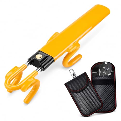 Steering Wheel Lock with Faraday Signal Blocker Pouch for Car Keys | High-Strength Anti-Cut Reinforced Alloy Steering Wheel Lock & Anti Theft Key Signal Blocker Pouch RFID Blocking Keyless Entry