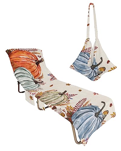 Abstract Pumpkins, Beach Lounge Chair Towel Cover, Soft Chaise Lounge Towel with Side Pockets Patio Pool Chairs Cover for Beach/Pool Sunbathing 29x85 Fall Thanksgiving Eucalyptus Leaves Bird