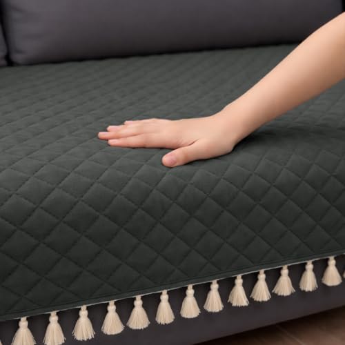 Image of HOMEMONDE 2 Seater Quilted Velvet Sofa Cover with Tassels |Soft, Durable & Premium Fabric with Tassels | Sofa Cover Mats for Living Room, Bedroom, Drawing Room & Office (76 X 122 CM, Grey)