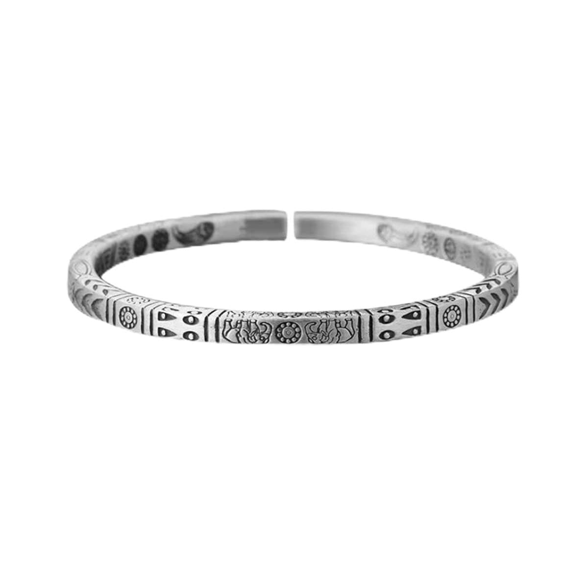 MISIY Brazalete de plata de ley 925, joyería de plata for mujer, pulsera étnica de tótem auspicioso, pulsera de pareja de hombres y mujeres de color sólido de moda retro chapada en plata con apertura ajusta