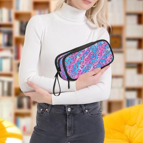 Image of Leopard Print Pencil Case 3 Compartment Pen Bag Large Pouch Holder Box School Portable Stationery Storage Bag for Teen Girls Boys
