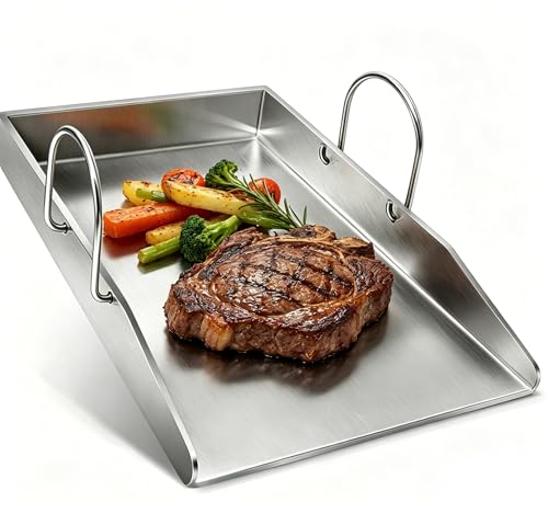 GFTIME 40x30cm Edelstahl Grillplatte Plancha für Weber, Enders, Landmann, Rösle videro, Burnhard Gasgrill und Holzkohlegrill,4mm Dicke massiven Edelstahl Plancha Grillplatte mit Griff