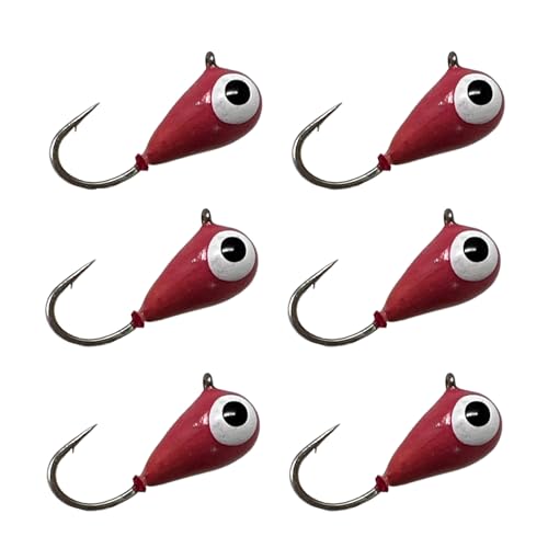 Reaction Tackle Tungsten Ice Fishing Jigs, Tear Drop Jig Heads that Glow with UV Light for Panfish, Crappie, Walleye, Perch, Trout and Bluegill - Red Glow 6-pcs 4 mm