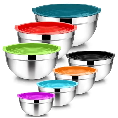 Purfex 7 Pcs Stainless Steel Mixing Bowl Set with Lids | Nesting Kitchen Bowls for Food Prep Baking Serving & Storage | Stackable Salad Bowls | Rust-Resistant & Dishwasher Safe