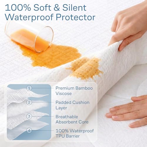 Image of 100% Waterproof Queen Mattress Protector - 360 Pad Protection Against Spills, Stains & Accidents for Parents & Pet Owners - Noiseless & Cooling Viscose Made from Bamboo (White)