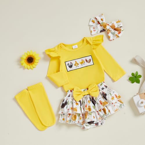 KMBANGI Newborn Toddler Baby Girl Farm Outfits Ruffle Sleeves Chick Smocked Romper Tutu Skirt Stockings Headband Cute Clothes4
