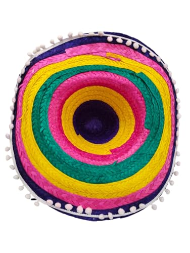Image of BookMyCostume Colorful Mexican Straw Hat for Adults & Teenagers - Multicolor Fiesta Sombrero with White Cotton Ball Lace | Traditional Unisex Costume Hat for Theme Parties & Fancy Dress
