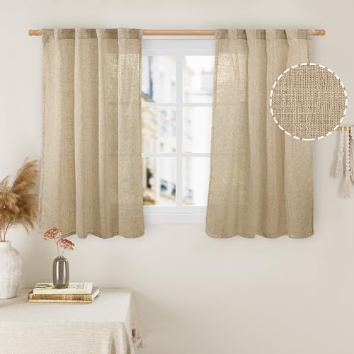 LAMIT 40 inch Small Window Linen Curtains 2 Panels, Semi Sheer Light Filtering Panels Back Tab and Rod Pocket Neutral Drapes for Basement/Loft Room/Cafe, 34 x 40 Inch