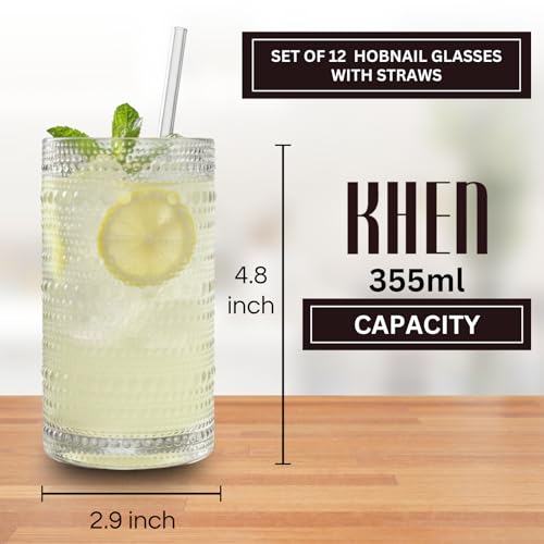 Image of 12-Piece Hobnail Drinking Glasses Set, 12 oz Large Vintage Highball Glassware with Straws, Heavy Textured Beaded Tall Tumblers for Water, Juice, Soda & Cocktails, Clear Retro Barware, Dishwasher Safe