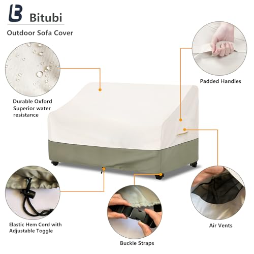 Image of Bitubi Waterproof Patio Sofa Cover, Heavy Duty 3-Seater Outdoor Couch Cover Size Up to 85W x 38D x 35H Inches, Lawn Patio Furniture Covers with Air Vent (Beige)