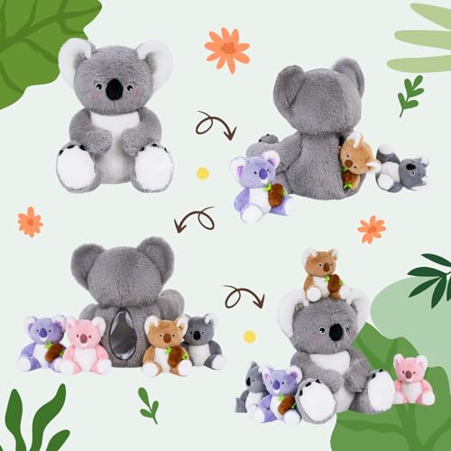 OUOZZZ 5 Stück Koala Kuscheltier Set, 30cm Weich Koala Plüschtier mit 4 Baby im Bauch - Baby Geburtstagsgeschenk für Mädchen Jungen Kinder