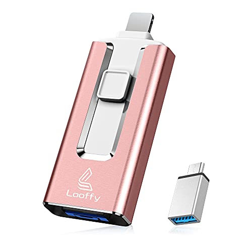 USB Flash Drive for Phone, 128GB 4 in 1 Memory Stick Looffy USB 3.0 Type C Thumb Drive for Photos, iOS Photostick Mobile External Storage Compatible with Phone/Pad/OTG Android/PC (Pink)