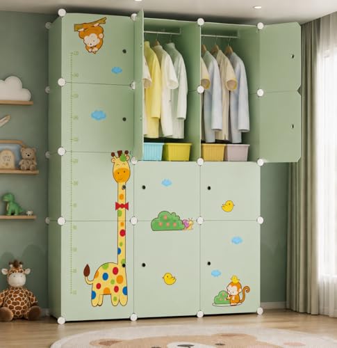 Image of EXVITO Kids Plastic Wardrobe - 12 Door Foldable Almirah for Clothes with Hanging Rod, Collapsible Wardrobe Cartoon Print Cupboard for Baby & Kids Room - GRN