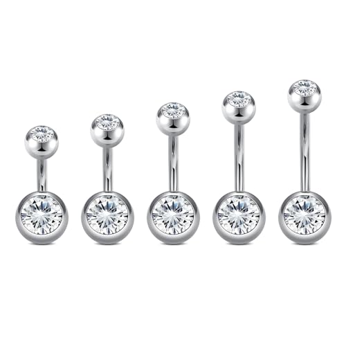 VCMART 14g Belly Button Ring: 5pcs Pack, Stainless Steel, 6mm-14mm, Clear CZ