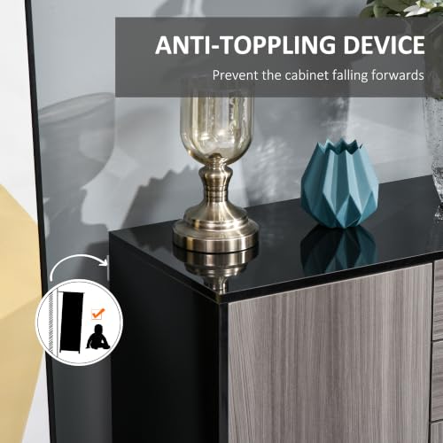 HOMCOM High Gloss Sideboard Push-Open Design with 2 Drawer Light Grey Black - Image 7