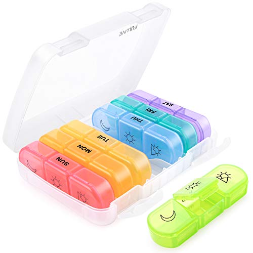 Weekly Pill Organizer, Fullive 3 Times a Day Pill Case Box, Extra Large Daily Medication Reminder, Portable 7 Day Pill Dispenser for Vitamins Fish Oils and Supplements