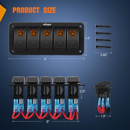 Image of Nilight 6 Gang Rocker Switch Panel w /Orange LED Light 5Pin ON Off Pre-Wired | Aluminum Toggle Switches Waterproof for 12V /24V Cars Marine Boats ATVs Trailers RV Trucks