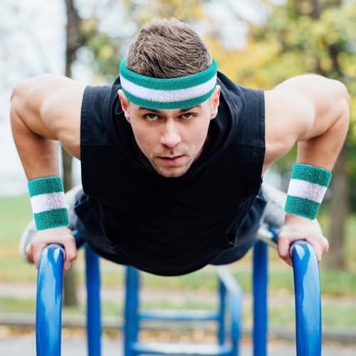 Image of Eurzom 36 Pcs Neon Sports Sweatbands Set Include 12 Striped Sweat Absorbing Headbands 24 Wristbands Athletic for Men Women Basketball Tennis Running Glow Party