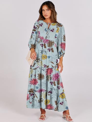 Image of ANRABESS Womens Boho Floral 3 /4 Puff Sleeve Maxi Dress | Tiered Flowy Loose Fit, Comfy Soft Rayon Fabric, Wedding Guest Church Beach, Modest Elegant, Spring Summer Fall Outfits