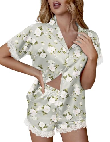 Image of Ekouaer Womens Lace Satin Pajama Set Button Down Pj Shorts Set Bridesmaids Getting Ready Outfits Casual Sleepwear XS-XXL