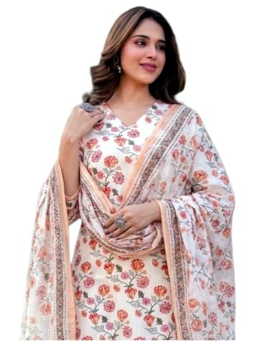 Image of GoSriKi Kurta Sets for Women Cotton Blend Printed | Kurti Set for Woman | Kurta Pant Dupatta Set | 3 Piece Set Women | Straight Kurti | V Neck Full Sleeve Suit Set Stylish Ethnic Outfit Clothing