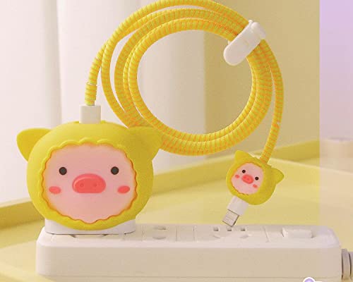 Image of Cartoon 3D Design Protective Case for 18W 20W iPhone 14 13 12 11 Pro Max Fast Charging Cable Adapter Charger, Cute Cartoon Lightning Data Cable Case for iPhone Charger Raincoat-pig