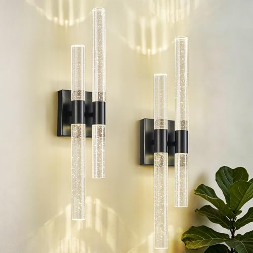 Image of Crystal Wall Sconces Set of Two Black Wall Sconce Hardwired LED Bathroom Vanity Light Fixtures 21.25in 4000K Vertical and Horizontal Wall Mounted Sconces for Bedroom, Living Room, Hallway