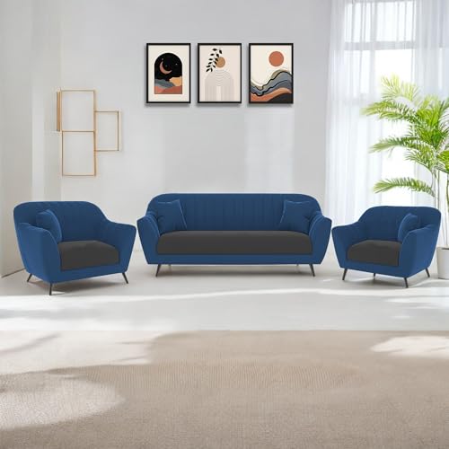 Image of Atticus 3+1+1 Seater Sofa Set for Living Room (Blue Black Colour) Premium Fabric Sofa