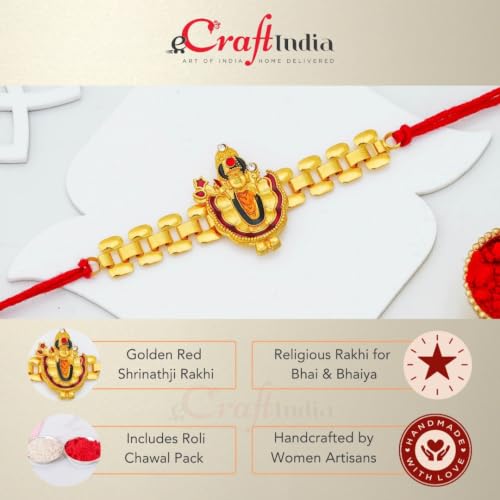 Image of eCraftIndia Golden Red Religious Shrinathji Rakhi for Brother | Raksha Bandhan Rakhi for Bhai Bhaiya