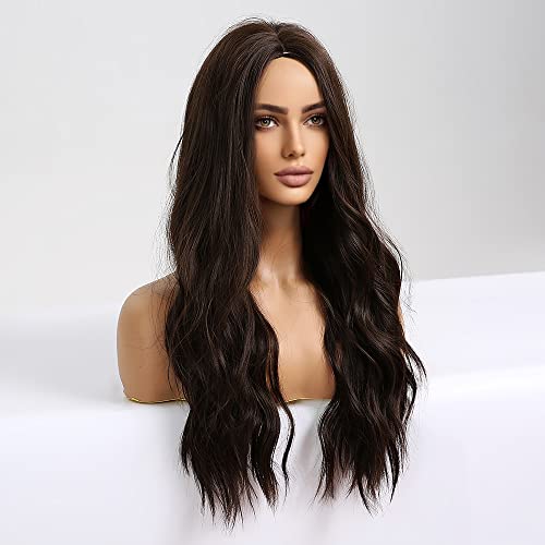 Jooler Brown Wig For Women Long Wig Dark Brown Wig Synthetic Wavy Wig Natural Hair Wig Body Wave Wigs Cosplay 24 Inch Middle Part #TOP1