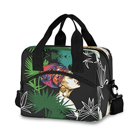 Bolsa de almuerzo aislada con diseño de plantas tropicales y niña africana Cover