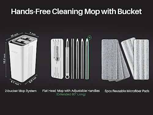 Image of JOYMOOP Flat Mop System, Microfiber Mop and Bucket Set, White, Floor Cleaning for Home & Commercial Use, Wet Dry Mop for Hardwood Floors, Long Handle, Includes 5 Washable Pads