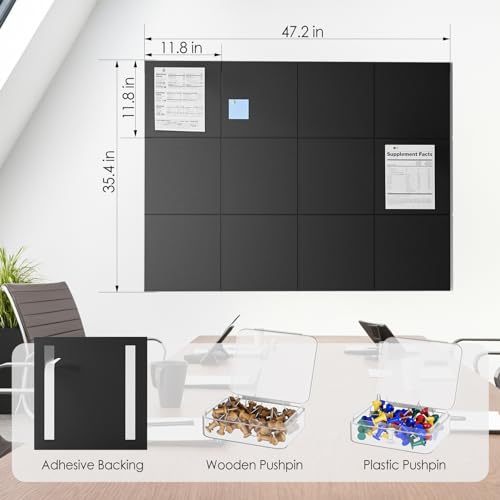 Image of MaxGear Felt Bulletin Board 48 inch x 36 inch, Black Felt Wall Tiles Wall Decor