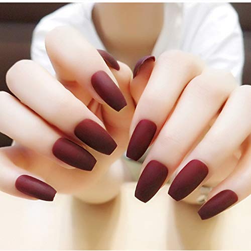 editTime 24PCS Solid Colors Matte Acrylic Ballerina Coffin False Nails Full Cover Fake Nails Tips Natural Medium False Nail(Wine red)