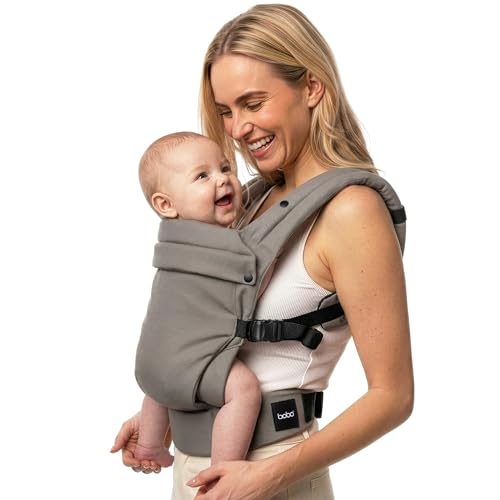 Boba Auri Portabebés - 100 % Algodón Premium, 3 Posiciones Ergonómicas (Frontal Hacia Dentro/Frontal Hacia Fuera/Espalda), Posición “M” con Asiento Ajustable (3,2-20 kg) - Gris