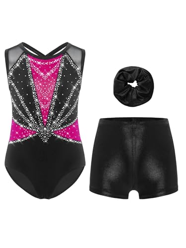 FEESHOW Mädchen Turnanzug Mit Shorts Haargummi 3er Set Ärmelloses Strass Farbblock Gymnastik Trikot Hose Tanz Outfit Hotpink&Schwarz 134-140
