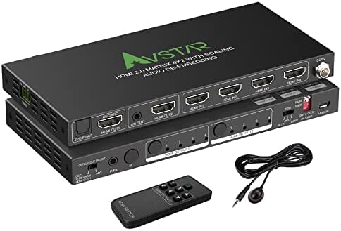 AVFABUL 4K@60Hz HDMI Matrix 4 in 2 Out 4:4:4 ARC HDR Dolby Vision Atmos SPDIF 5.1CH Breakout 3.5mm Stereo EDID Downscaler, HDCP2.2 HDMI2.0 Matrix 4x2 IR Remote Control, Splitter Switch 4x2
