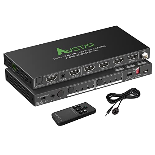Avfabul 4K@60Hz Hdmi Matrix 4 In 2 Out 4:4:4 Arc Hdr Dolby Vision Atmos Spdif 5.1Ch Breakout 3.5Mm Stereo Edid Downscaler, Hdcp2.2 Hdmi2.0 Matrix 4X2 Ir Remote Control, Splitter Switch 4X2 #TOP2