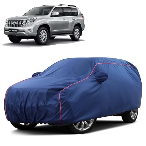 Image of Sulfar 100% Water Resistant Car Body Cover Compatible with Mirror for Toyota Prado (Triple Stitched, Full Bottom Elastic, Blue Taffeta with Red Piping)