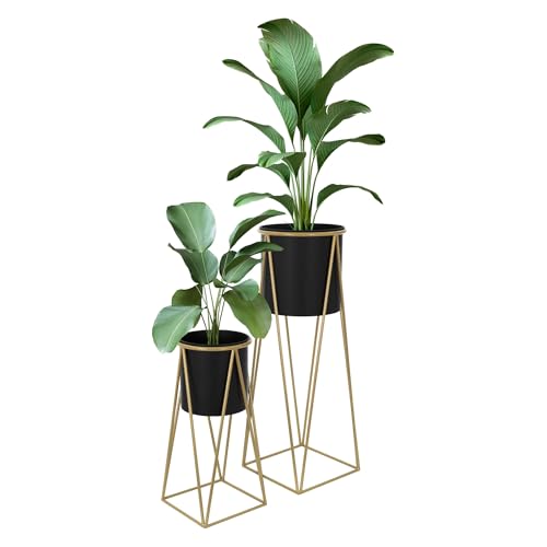 ML-Design Set di 2 Portafiori Nero-Oro 21,8x22x47cm 25x25x71cm in Acciaio Struttura in Metallo Porta Piante Porta Vasi da Fiori 2 Pezzi Supporti Fioriera Decorazione Fioriere da Interno Esterno