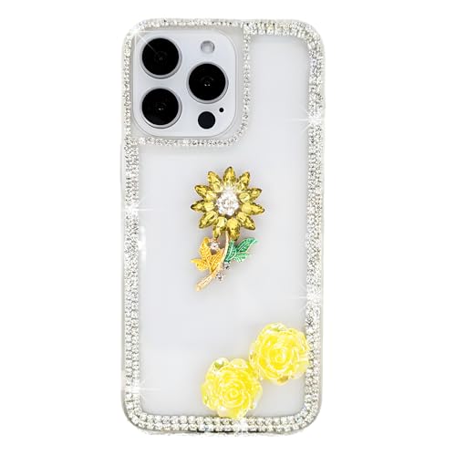 Ymyhyuxi Fundas para Samsung Galaxy A70 con diamantes de imitación en 3D de lujo con purpurina de cristal de girasol y rosas (dorado)