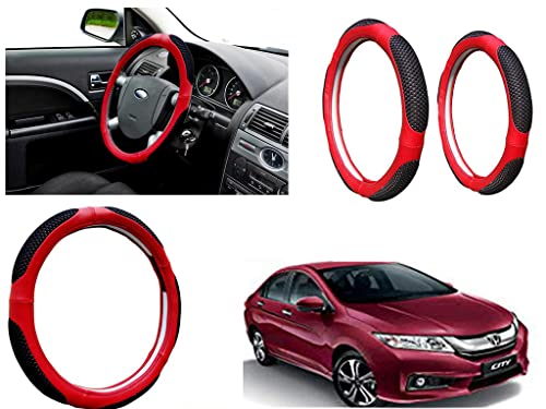 Image of Microfiber Car Steering Wheel Cover, Soft Padding Great Hand Feel, Anti-Slip, Faux Leather Steering Cover for Honda City Ivtec 2016 | Black Red Jali - Pack of 1